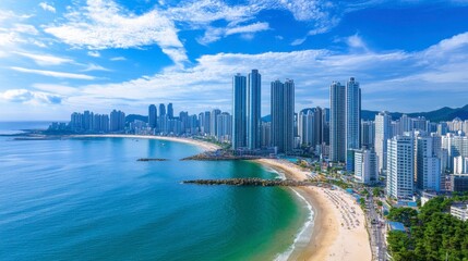 Wall Mural - A panoramic view of the beautiful coastal city of Busan, featuring skyscrapers and beaches along the coastline.