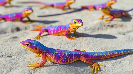 Poster -   A vibrant cluster of lizards perched on a sandy beach, basking in the sunlight