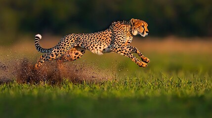 Wall Mural -   A cheetah leaps over tall blades of grass with both front paws extended upwards