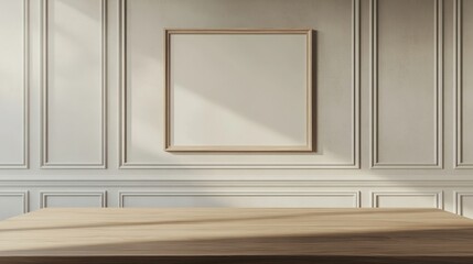 Wall Mural - Mock up frame in a spacious boardroom with only a wooden table and soft beige walls, 3D render 