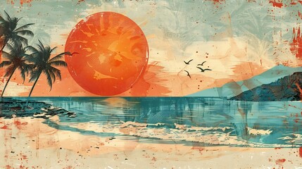 Wall Mural - Vintage summer illustration a textured sandy shore vibrant orange sun and palm trees blending into a nostalgic and artistic composition