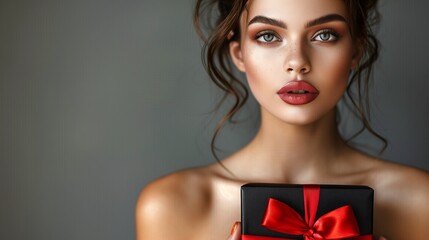 Sticker - Woman with Makeup Holding a Gift Box with Red Ribbon