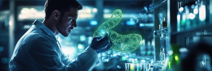 Leinwandbilder - A genetic engineer conducts advanced research in a futuristic lab, manipulating floating holographic DNA strands with precision. Generative AI