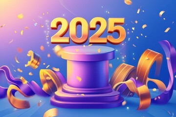 A colorful graphic celebrating the year 2025 with confetti and ribbons.