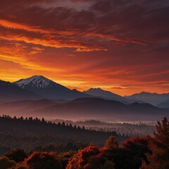 Colorful Sunset Above Mountain Ranges. A Red and Orange Sky Framed by Silhouetted Trees