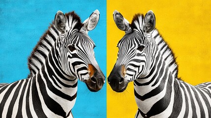 Poster -  Two zebras standing next to each other against a yellow-blue wall and another blue-yellow wall