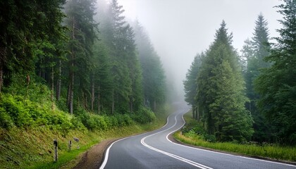 Wall Mural - Winding road through a misty forest