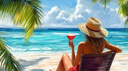 Cocktail-loving woman on a tropical beach