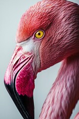 Poster - Close-up of a flamingo's head showcasing vibrant pink feathers and striking eye detail