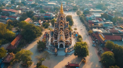 Wall Mural - An aerial view of the Roi Et City Pillar Shrine, with its distinctive architecture standing out in the heart of the city.