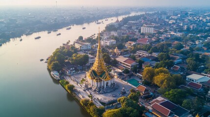 Wall Mural - An aerial view of the Roi Et City Pillar Shrine, with its distinctive architecture standing out in the heart of the city.