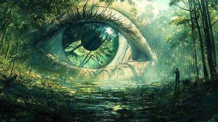 Canvas Print -  A forest with a man standing before a painted eye