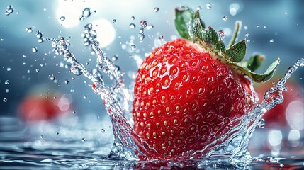 Wall Mural -   Close-up of a strawberry with water splashing on its face and a green leaf protruding from the top