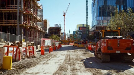 Naklejka na meble Construction site with a strong emphasis on safety, including the use of harnesses, barriers, and signage