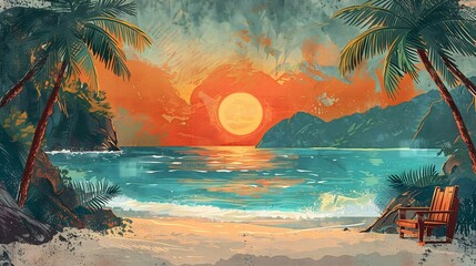 Wall Mural - Textured illustration of tropical beach with palm trees a vibrant orange sun and a sandy shore evoking a nostalgic summer mood