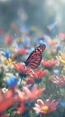 Wall Mural - Captivating Digital Butterfly Fluttering Through a Vibrant Flower Garden