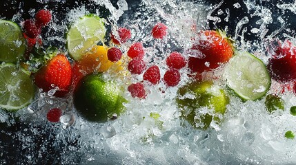 Poster -   A bounty of fruits plunges into the water with a splash