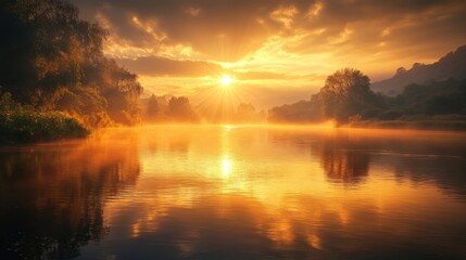 Wall Mural - Golden Sunset Reflecting on a Calm River