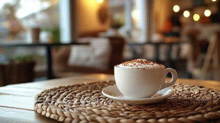 Beautiful latte art in a white cup on a wooden table in a cozy cafe