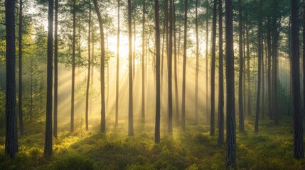 Poster - Sunbeams Filtering Through a Misty Pine Forest