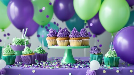 Poster -   Table adorned with cupcakes covered in purple frosting and sprinkles