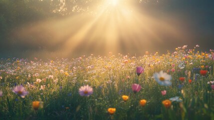 Wall Mural - A Field of Wildflowers Bathed in Golden Sunlight