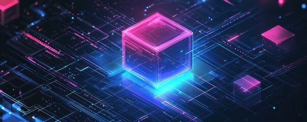 Wall Mural - futuristic digital cube illustration with glowing neon colors in a minimalist isometric style depict