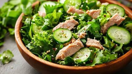 Poster -   A close-up photo capturing a bowl brimming with cucumbers and various vegetables arranged artfully atop it