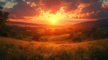 Poster - A fiery sunset illuminates a rolling landscape of green hills and a field of wildflowers.