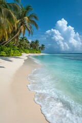 Serene beach with turquoise water and palm trees under a bright blue sky