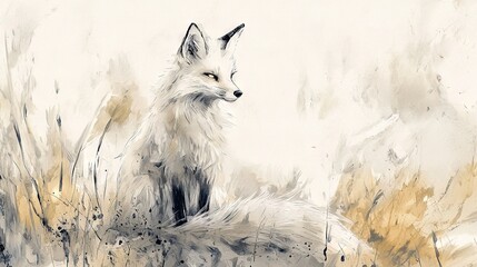 Canvas Print -   A portrait of a snowy fox perched amidst lush green blades