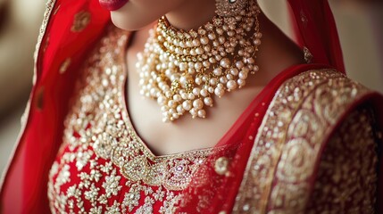 Wall Mural - A richly embroidered red and gold Indian bridal dress, elegantly paired with heavy bridal jewelry in pearls and gemstones.