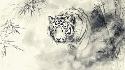 Canvas Print -  Monochromatic image of a tiger against contrasting black and white backdrop, surrounded by bamboo foliage and watercolor elements