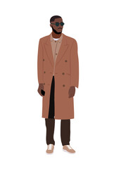 Wall Mural - Stylish black man wearing modern autumn outwear, beige camel cachemire coat. Handsome african american male character. vector flat illustration isolated on transparent background