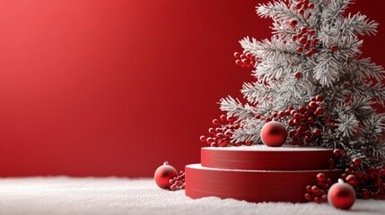 Poster - Christmas tree display with red ornaments on a layered pedestal against a festive background