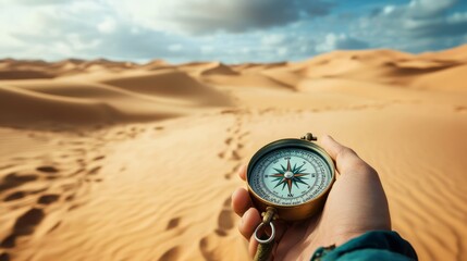 A hand holds a compass against a vast desert landscape, with soft sand dunes and a partly cloudy sky in the background.