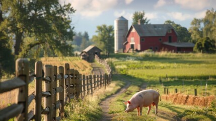 Canvas Print - Pig Grazing Near Wooden Fence in Pastoral Setting