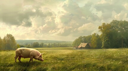 Poster - Pig Grazing in a Serene Grassy Field