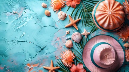 Wall Mural - Eclectic collage of retro fashion accessories tropical elements on a vibrant beach background with coral and pastel hues