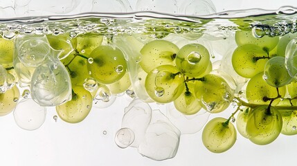 Canvas Print -   A cluster of grapes suspended in water with air pockets beneath the surface and at the base