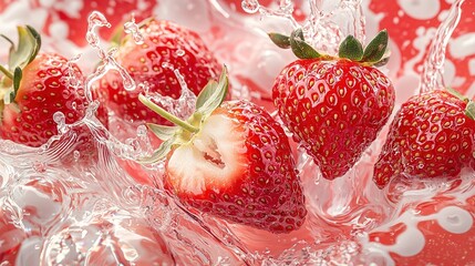 Sticker -   A cluster of strawberries resting on a bicolor tablecloth with water spilling onto it, surrounding them