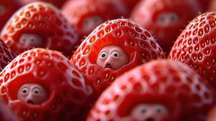 Poster - A close up of a bunch of strawberries with faces on them, AI