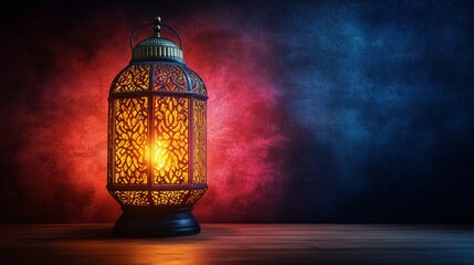 Wall Mural - Beautifully crafted lantern illuminated against a colorful background in a dimly lit environment