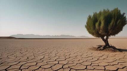 a lonely tall tree survive in the middle of a dry bare land during the drought season. illustrating 