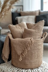 Wall Mural - Cozy woven baskets with textured cushions in a warm, inviting living room setting