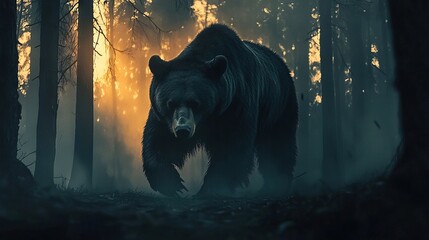 Poster -   A large black bear walks through a misty forest with a bright light filtering through the trees on a foggy day