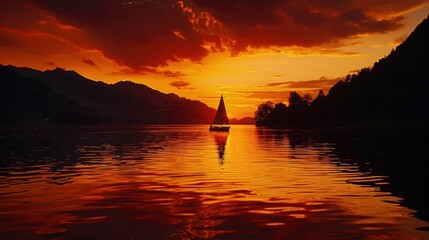 Poster - Serene Silhouette of Boat at Sunset on Calm Lake