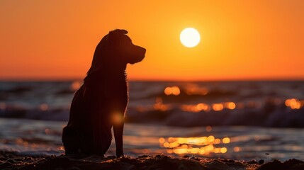 Poster - Silhouette of Dog on Beach at Sunset