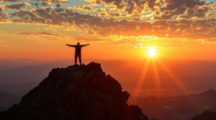 Canvas Print - Hiker Silhouette on Mountain Peak at Sunset