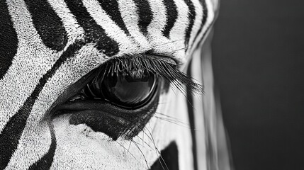 Sticker -   A close-up of a zebra's eye in black and white, showcasing its unique pattern